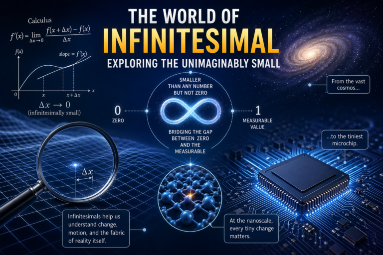 Infinitesimal concept illustration with calculus formulas, microchip, galaxy, and microscopic particles showing extremely small values and infinite scale connection.