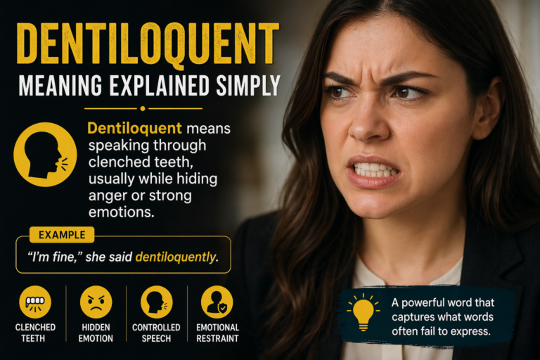 Dentiloquent meaning infographic showing a person speaking through clenched teeth with hidden anger and emotional tension