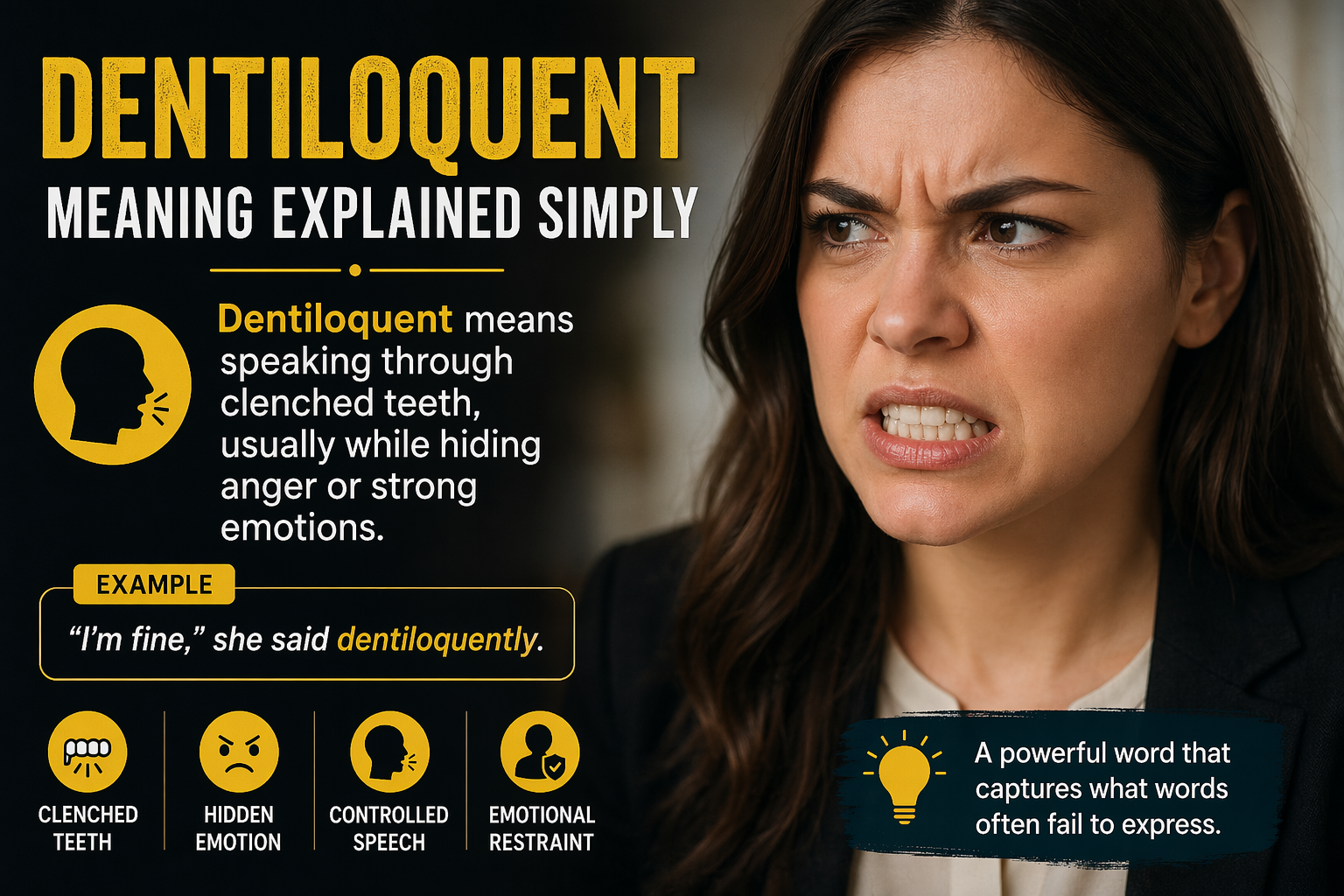 Dentiloquent meaning infographic showing a person speaking through clenched teeth with hidden anger and emotional tension