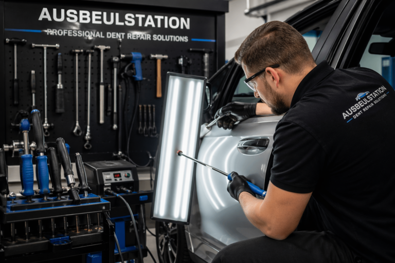 Professional technician using ausbeulstation tools for paintless dent repair on a car panel